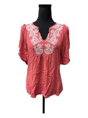 Fair Haven Coral Embroidered Blouse L Boho Peasant Floral Summer Top Chic